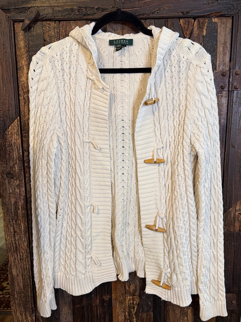 Lauren Ralph Lauren Cream Cable Knit Hooded Toggle Cardigan Large Preppy